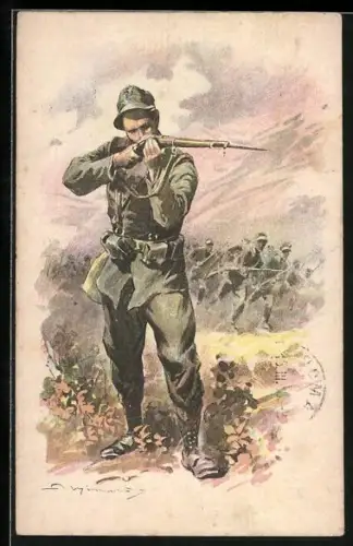 Künstler-AK Soldat der Infanterie zielt mit seiner Waffe