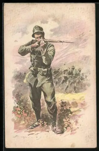 Künstler-AK Soldat der Infanterie zielt mit seiner Waffe