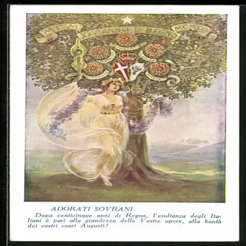 Künstler-AK Frau unter einem Baum mit Wappen, Adorati Sovrani