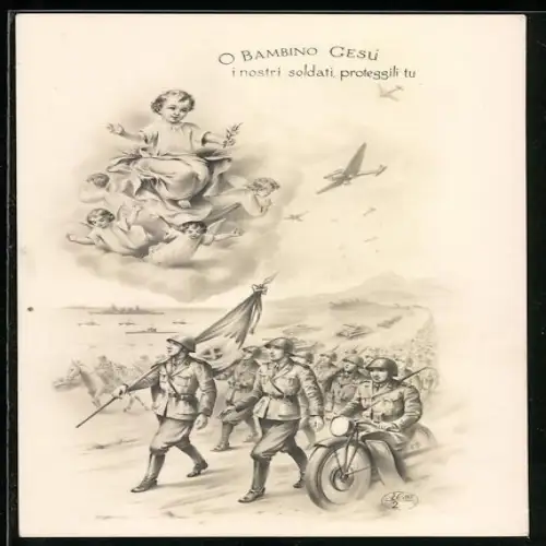 Künstler-AK Marschierende italienische Soldaten in Uniformen mit Flugzeugen und Panzern, O bambino Gesu...