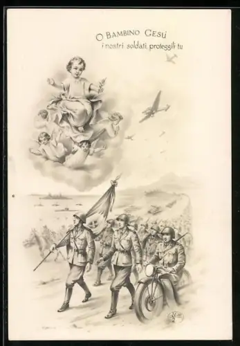 Künstler-AK Marschierende italienische Soldaten in Uniformen mit Flugzeugen und Panzern, O bambino Gesu...