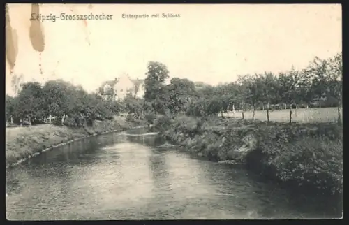 AK Leipzig-Grosszschocher, Elsterpartie mit Schloss