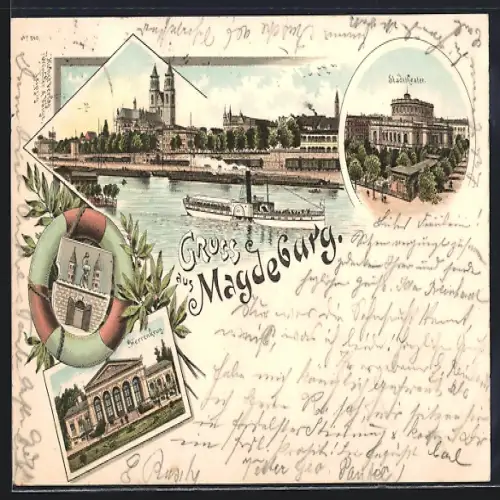 Lithographie Magdeburg, Gasthaus Herrenkrug, Stadttheater, Kirche mit Dampfer