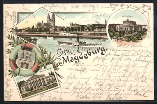 Lithographie Magdeburg, Gasthaus Herrenkrug, Stadttheater, Kirche mit Dampfer