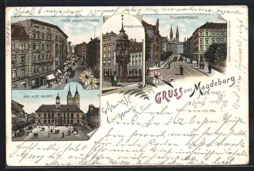 Lithographie Magdeburg, Der alte Markt, Kaiser Otto, Neue Jacob-Strasse