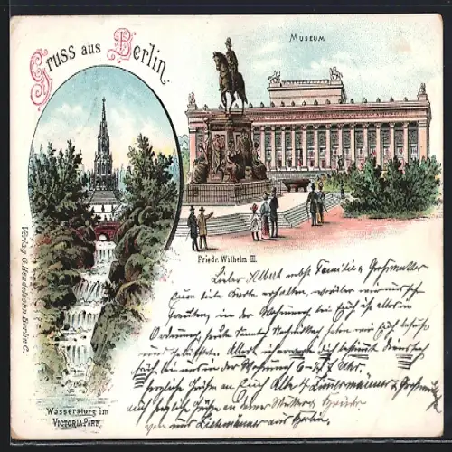 Lithographie Berlin-Kreuzberg, Museum und Denkmal Friedrich Wilhelm III., Wassersturz im Victoria-Park