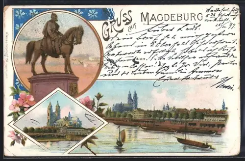 Lithographie Magdeburg, Uferpartie, Kirche, Denkmal