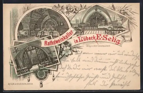 Lithographie Lübeck, Gasthaus Rathsweinkeller E. Selig, Innenansichten mit Buffet
