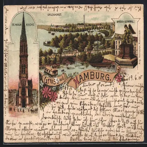 Lithographie Hamburg-Uhlenhorst, Ortsansicht, St. Nicolai-Kirche und Kriegerdenkmal