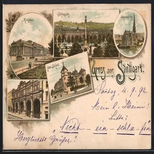 Vorläufer-Lithographie Stuttgart, 1892, Altes Schloss, Schlossplatz, Bahnhof