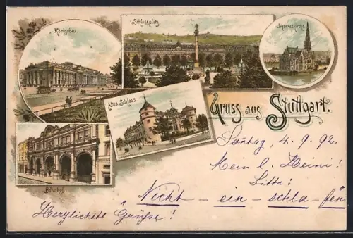 Vorläufer-Lithographie Stuttgart, 1892, Altes Schloss, Schlossplatz, Bahnhof