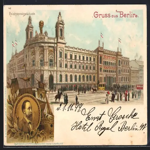 Lithographie Berlin, Reichspostgebäude mit Passanten und Kutsche