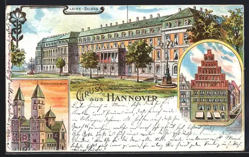 Lithographie Hannover, Leine-Schloss, Garnisonskirche, Alte Kanzlei
