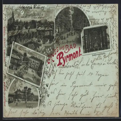 Mondschein-Lithographie Bad Pyrmont, Stahlbrunnenhalle, Brunnenplatz, Bahnhof