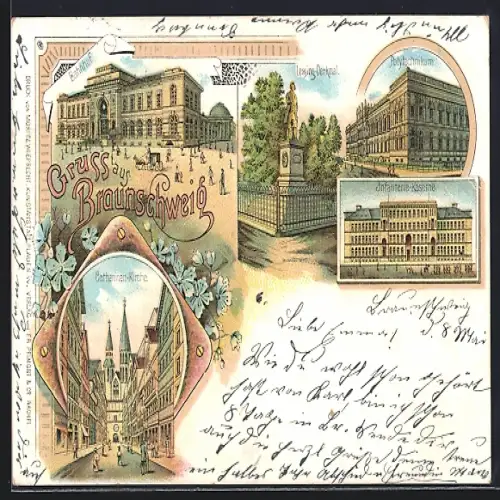 Lithographie Braunschweig, Infanterie-Kaserne, Polytechnikum, Bahnhof