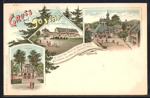 Lithographie Goslar, Frankenberger Platz mit Kirche, Blick auf Kaiserhaus und Domkapelle