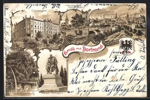 Lithographie Dortmund, Oberbergamt, Vehmlinde, Denkmal Kaiser Wilhelm I.