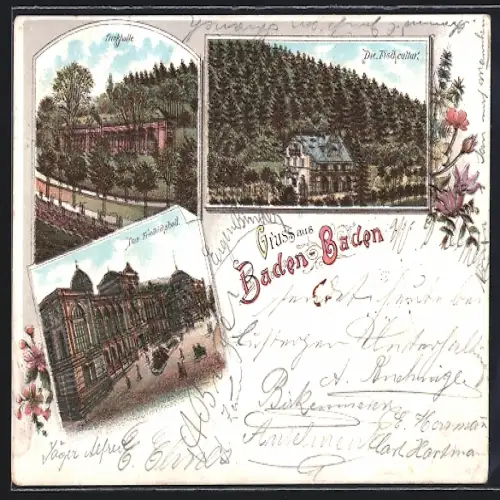 Lithographie Baden-Baden, Die Fischcultur, Trinkhalle, Das Friedrichsbad