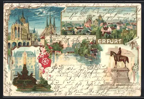 Lithographie Erfurt, Dom, St. Severikirche, Monumentalbrunnen am Anger, Kaiser Wilhelm-Denkmal