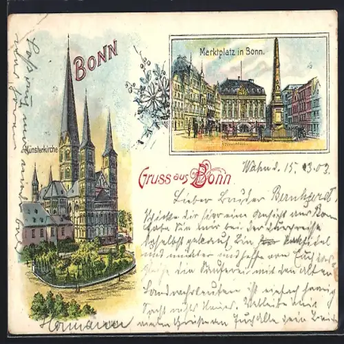 Lithographie Bonn, Münsterkirche, Marktplatz