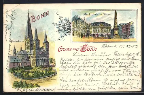 Lithographie Bonn, Münsterkirche, Marktplatz