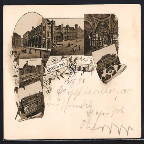 Lithographie Stuttgart, Justizpalast, Marktplatz, Bahnhof Inneres
