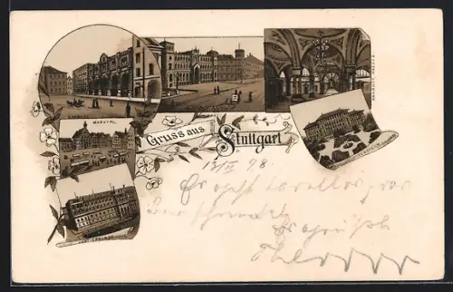 Lithographie Stuttgart, Justizpalast, Marktplatz, Bahnhof Inneres