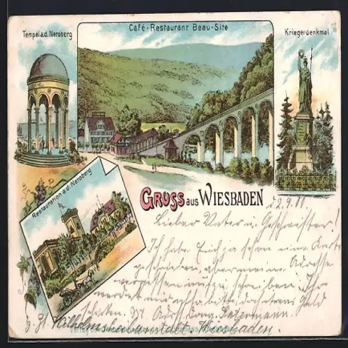 Künstler-AK Wiesbaden, Cafe Restaurant Beau-Site, Kriegerdenkmal, Tempel und Restauration a.d Neroberg