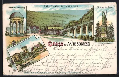 Künstler-AK Wiesbaden, Cafe Restaurant Beau-Site, Kriegerdenkmal, Tempel und Restauration a.d Neroberg