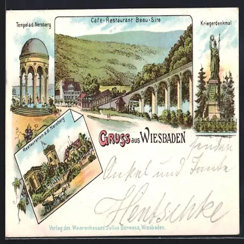 Lithographie Wiesbaden, Restaurant a. d. Neroberg, Cafe-Restaurant Beau-Site, Kriegerdenkmal
