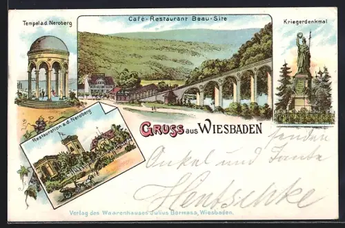 Lithographie Wiesbaden, Restaurant a. d. Neroberg, Cafe-Restaurant Beau-Site, Kriegerdenkmal