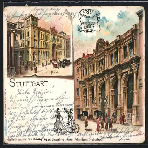 Lithographie Stuttgart, Bahnhof und Post