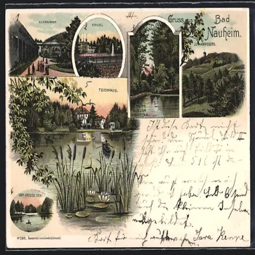 Lithographie Bad Nauheim, Johannisberg, Teichhaus, Kurbrunnen & Kurgarten