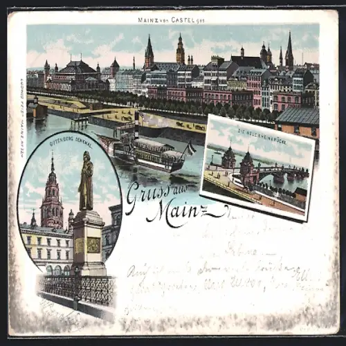 Lithographie Mainz, Totalansicht von Castel ges., Dampfer auf dem Fluss, Gutenbergdenkmal