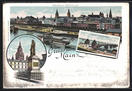 Lithographie Mainz, Totalansicht von Castel ges., Dampfer auf dem Fluss, Gutenbergdenkmal