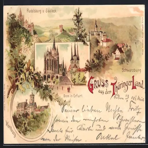 Lithographie Schwarzburg, Rudelsburg u. Saaleck, Wartburg