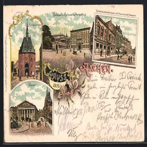 Lithographie Aachen, Marschierthor, Komphausbadstrasse mit Suermondt-Museum