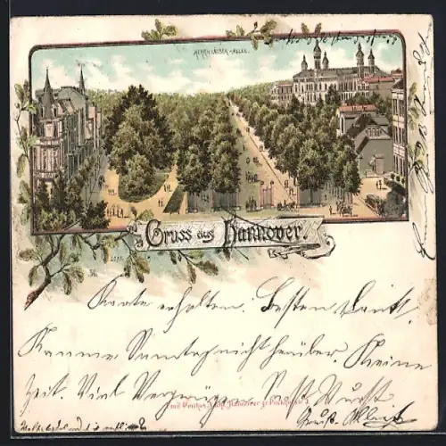 Lithographie Hannover, Pferdebahn in der Herrnhauser-Allee