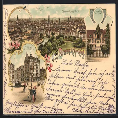 Lithographie Braunschweig, Kohlmarkt m. neuen Stern, Lessing-Denkmal, Totalansicht aus der Vogelschau