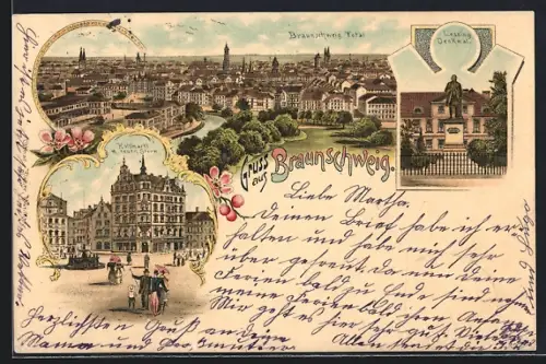 Lithographie Braunschweig, Kohlmarkt m. neuen Stern, Lessing-Denkmal, Totalansicht aus der Vogelschau
