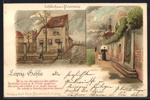 Lithographie Leipzig-Gohlis, Schillerhaus und Poetenweg