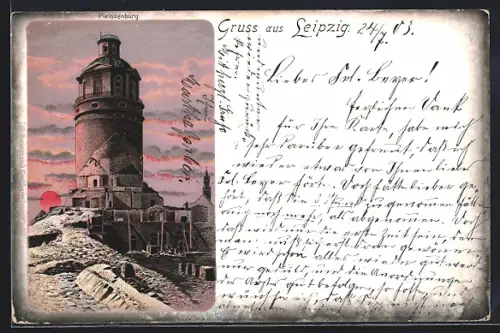 Lithographie Leipzig, Pleissenburg bei Sonnenuntergang