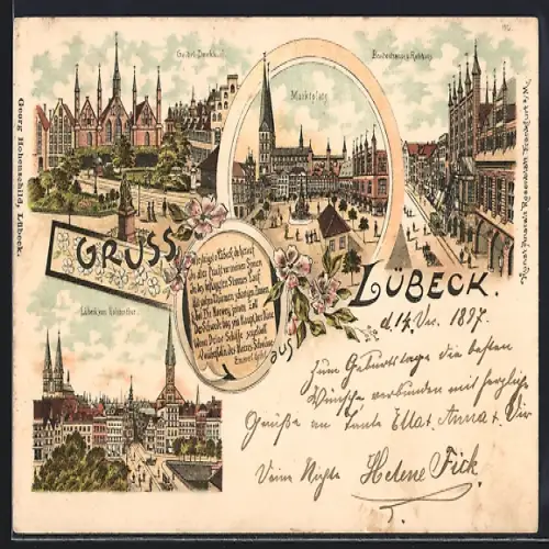 Lithographie Lübeck, Behrens Hotel, Breitestrasse und Rathaus