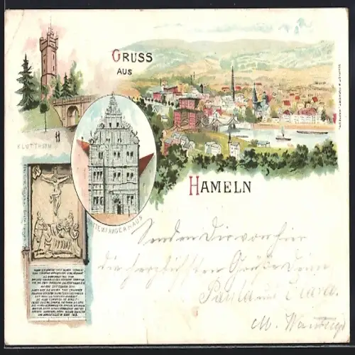 Lithographie Hameln, Teilansicht, Rattenfängerhaus, Klütturm