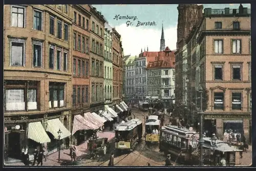AK Hamburg, Gr. Burstah mit Geschäften und Strassenbahn