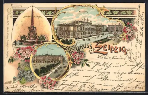 Lithographie Leipzig, Mende-Brunnen, Post, Museum