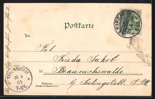 Lithographie Leipzig, Mende-Brunnen, Post, Museum