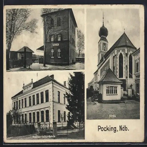 AK Pocking /Ndb., Knaben-Volks-Schule, Kirche, Bahnhof