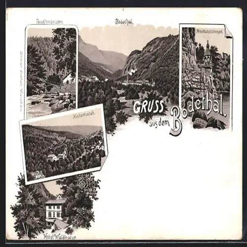 Lithographie Bodethal, Hotel Waldkater, Hubertusbad, Freundschaftstempel