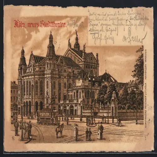 Lithographie Köln-Neustadt, Strassenbahn am neuen Stadttheater